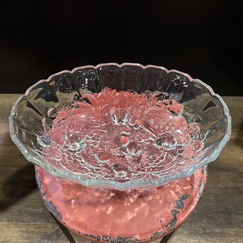 Vintage Clear Pressed Glass Footed Fruit Bowl Oval Scalloped 12” Serving Bowl